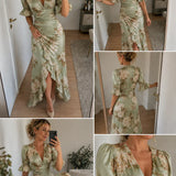 Lucía | Vestido longo assimétrico de cetim com estampado floral