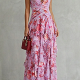 Belladina | Vestido Longo Romântico Kaskada de Rosas com Decote Americano