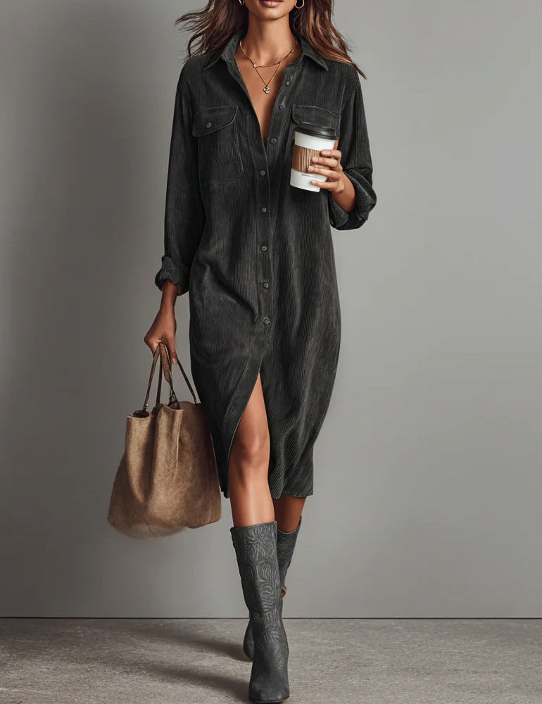 Béatrice | Vestido Midi em Veludo Cotelê com Bolsos e Botão Simples