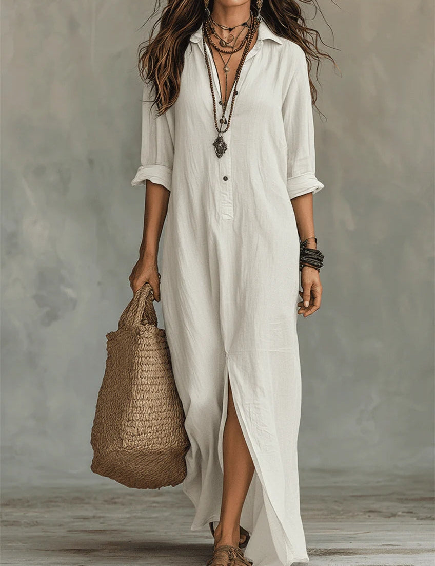Soline | Vestido maxi com botões e decote em V relaxado