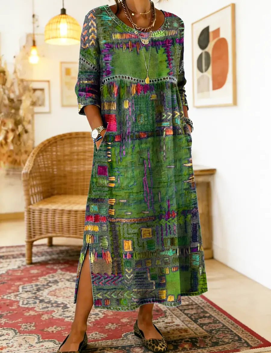Vestido de algodão feminino com estampado étnico e patchwork
