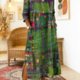 Vestido de algodão feminino com estampado étnico e patchwork