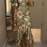 Lucía | Vestido longo assimétrico de cetim com estampado floral