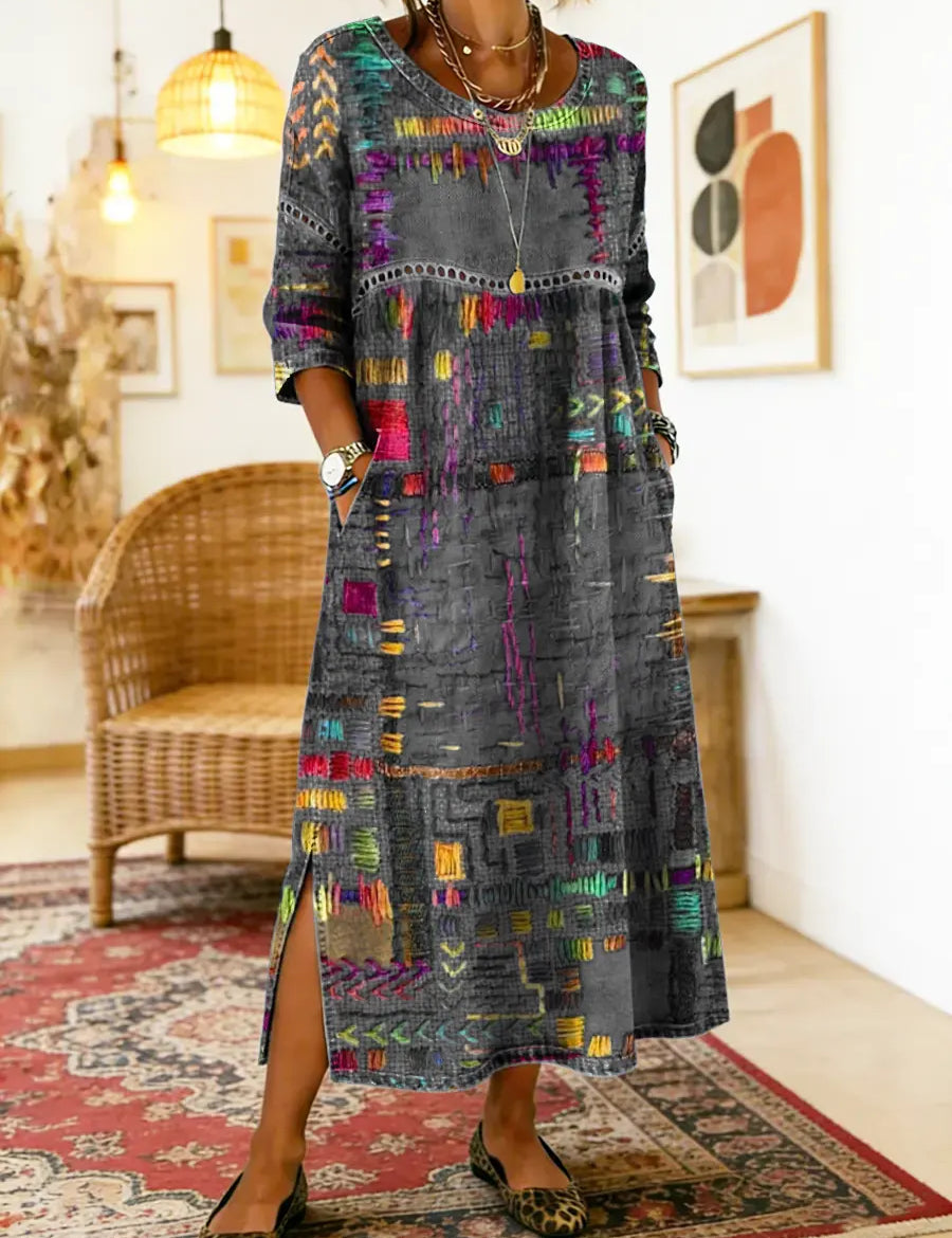 Vestido de algodão feminino com estampado étnico e patchwork