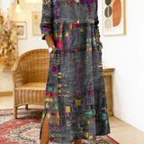 Vestido de algodão feminino com estampado étnico e patchwork