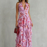Belladina | Vestido Longo Romântico Kaskada de Rosas com Decote Americano
