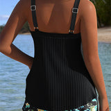 ALBA™ | Tankini Listrado de Duas Peças Curto de Praia