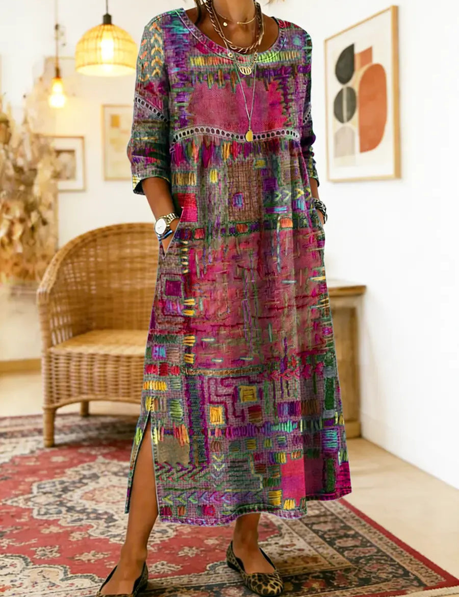 Vestido de algodão feminino com estampado étnico e patchwork
