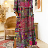 Vestido de algodão feminino com estampado étnico e patchwork