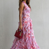 Belladina | Vestido Longo Romântico Kaskada de Rosas com Decote Americano