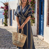 Maëlle | Vestido midi às riscas em V com mangas curtas