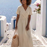 Ambre | Vestido midi portefeuille de mangas curtas em V