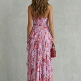 Belladina | Vestido Longo Romântico Kaskada de Rosas com Decote Americano