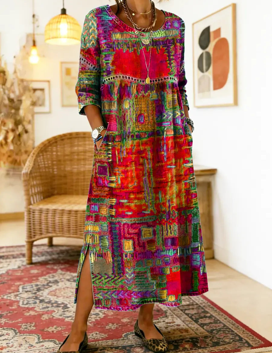 Vestido de algodão feminino com estampado étnico e patchwork
