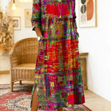 Vestido de algodão feminino com estampado étnico e patchwork