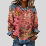 Herminie | Sweat Floral Acabamento Denim