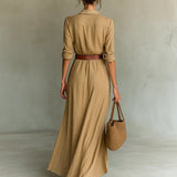 Vestido longo cintado com mangas longas e lapelas