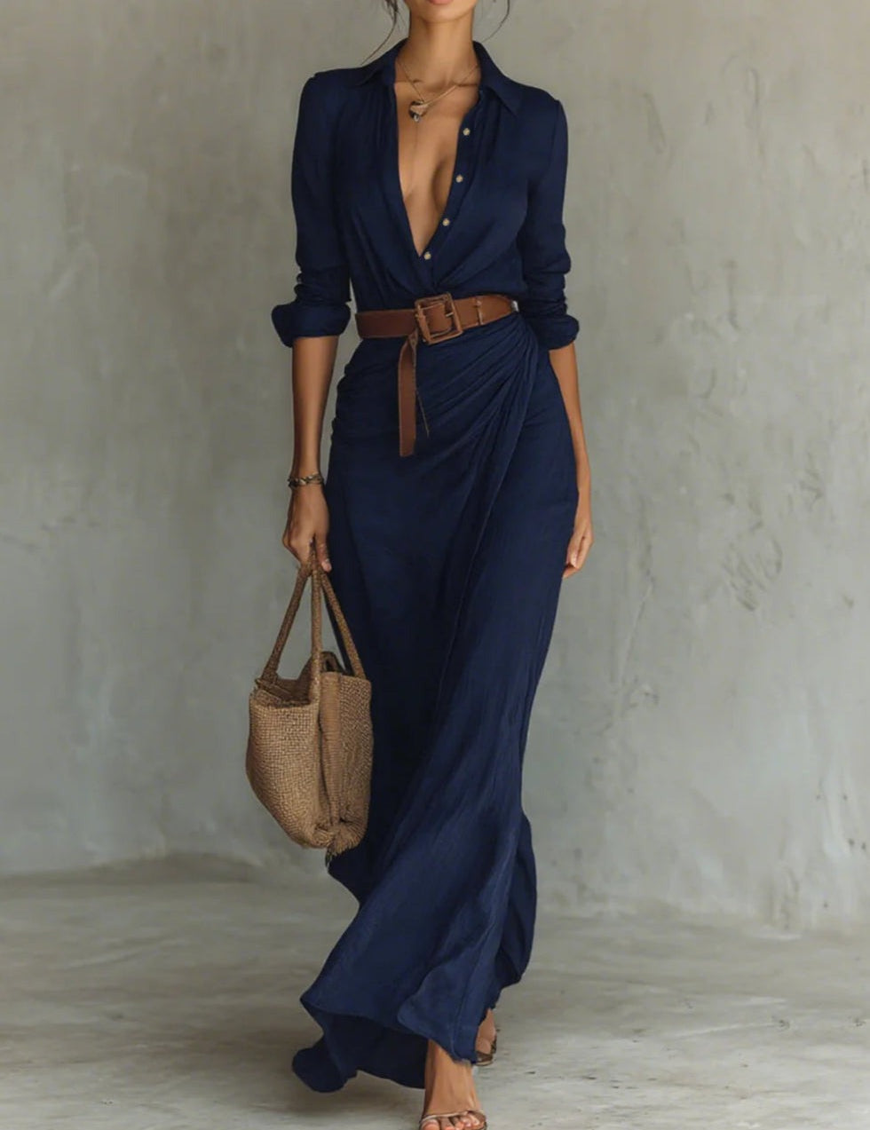 Vestido longo cintado com mangas longas e lapelas