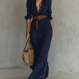 Vestido longo cintado com mangas longas e lapelas