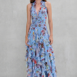 Belladina | Vestido Longo Romântico Kaskada de Rosas com Decote Americano