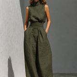 Maria - Conjunto de top e calças largas em algodão e linho minimalista para mulher