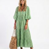 Céline | Vestido midi com padrão, mangas três-quartos e decote em V