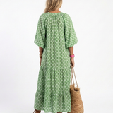 Céline | Vestido midi com padrão, mangas três-quartos e decote em V