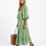 Céline | Vestido midi com padrão, mangas três-quartos e decote em V