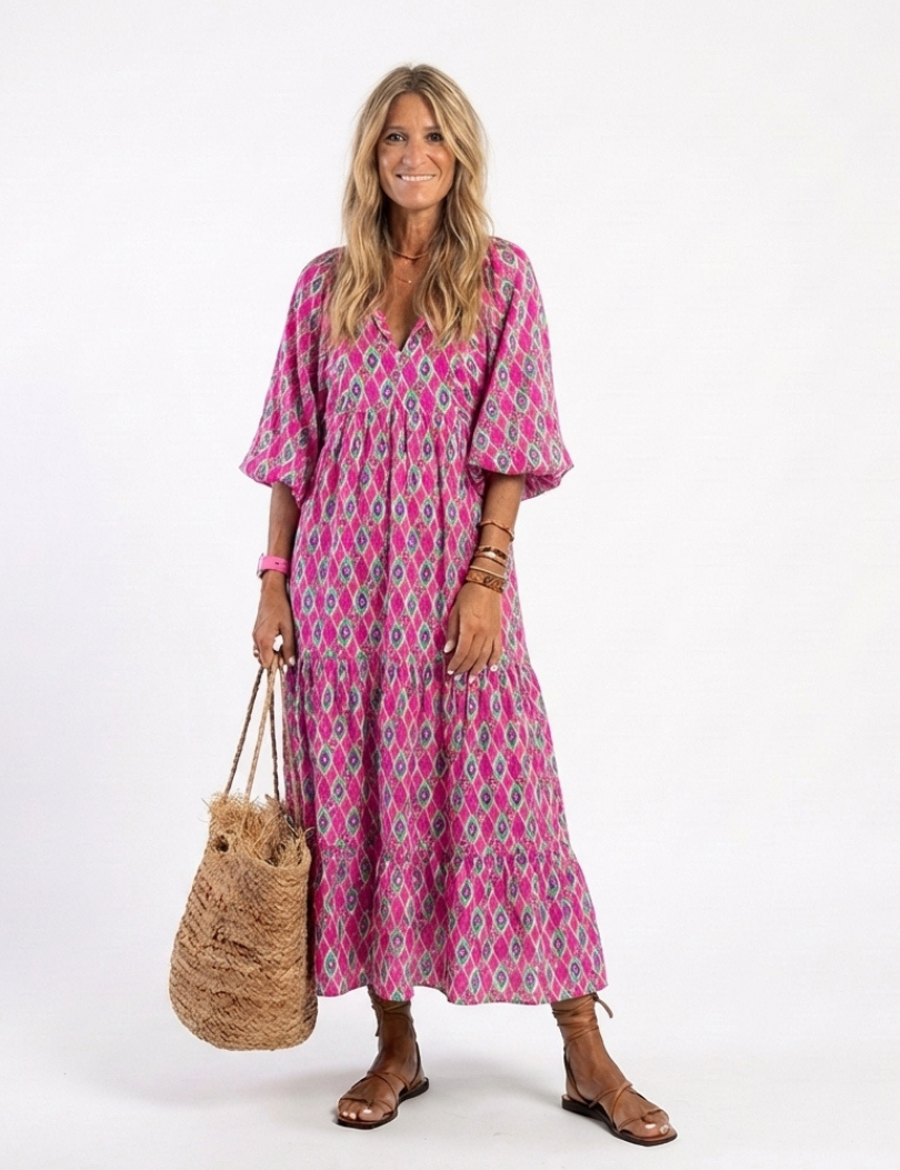 Céline | Vestido midi com padrão, mangas três-quartos e decote em V