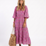 Céline | Vestido midi com padrão, mangas três-quartos e decote em V