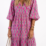 Céline | Vestido midi com padrão, mangas três-quartos e decote em V