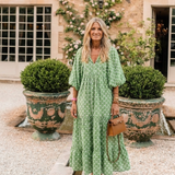 Céline | Vestido midi com padrão, mangas três-quartos e decote em V