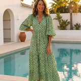 Céline | Vestido midi com padrão, mangas três-quartos e decote em V