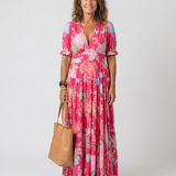 Juliette | Vestido midi com flores, mangas curtas e decote em V