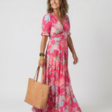 Juliette | Vestido midi com flores, mangas curtas e decote em V
