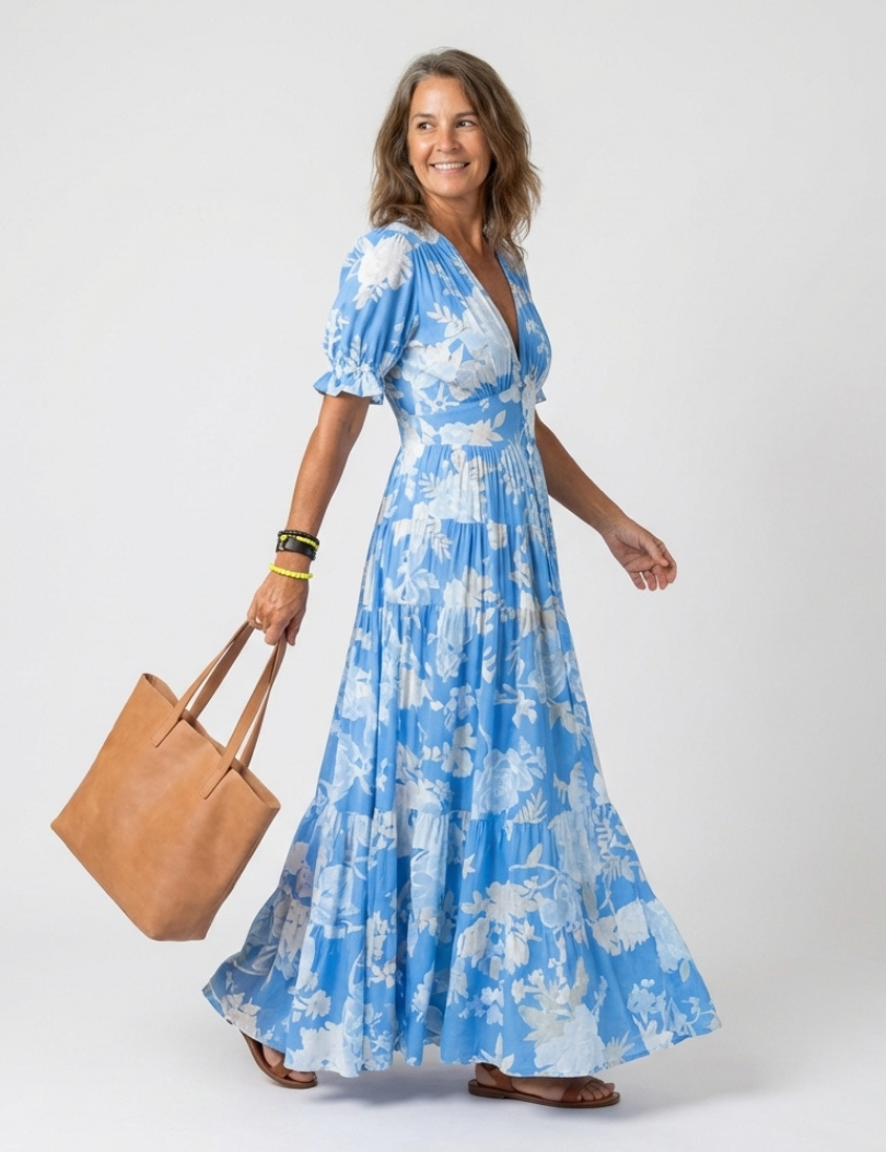 Juliette | Vestido midi com flores, mangas curtas e decote em V