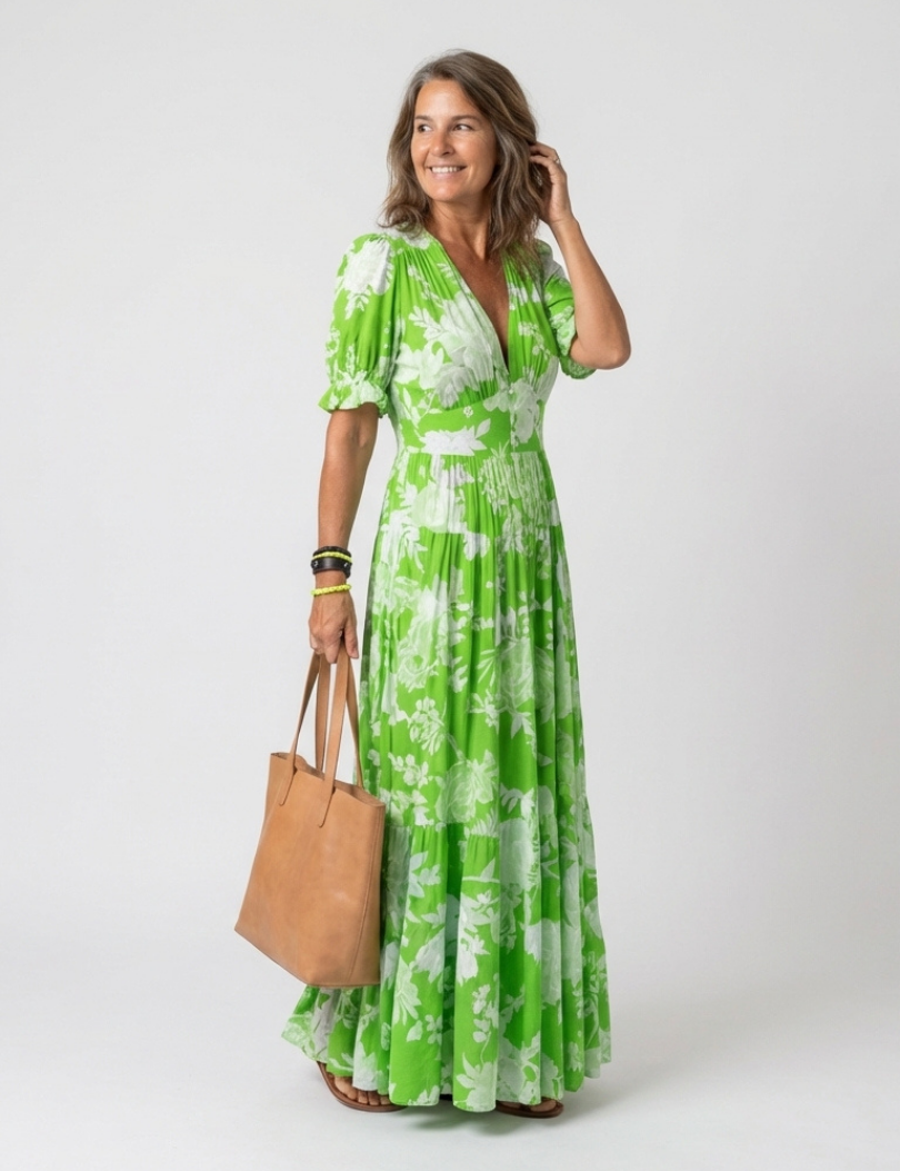 Juliette | Vestido midi com flores, mangas curtas e decote em V