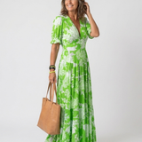 Juliette | Vestido midi com flores, mangas curtas e decote em V