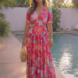 Juliette | Vestido midi com flores, mangas curtas e decote em V
