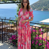Juliette | Vestido midi com flores, mangas curtas e decote em V