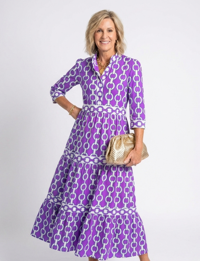 Pauline | Vestido midi de mangas três quartos e padrão de corrente