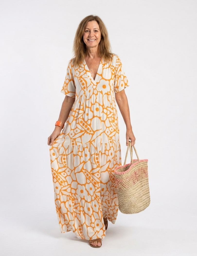 Lucie | Vestido midi com flores, mangas curtas e decote em V
