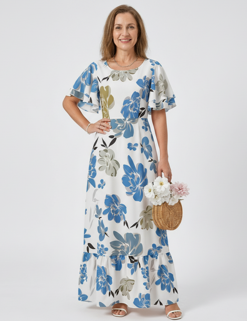 Nathalie | Vestido maxi de mangas curtas e decote redondo