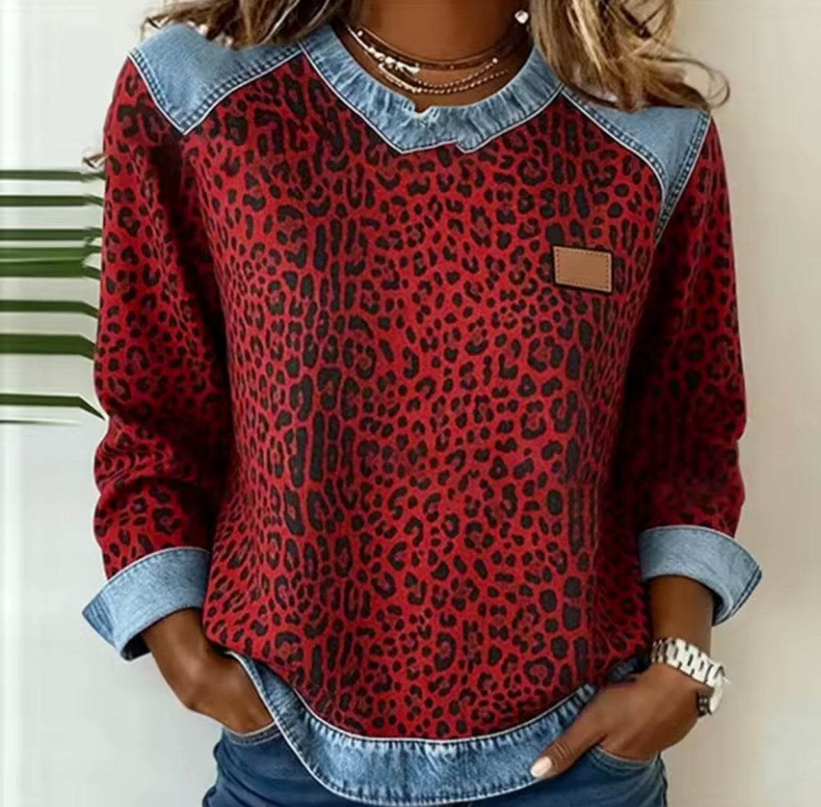 Fabienne | Pullover Estampado de Leopardo com Gola de Denim