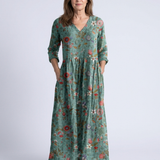 Valérie | Vestido maxi floral com decote em V e mangas três quartos