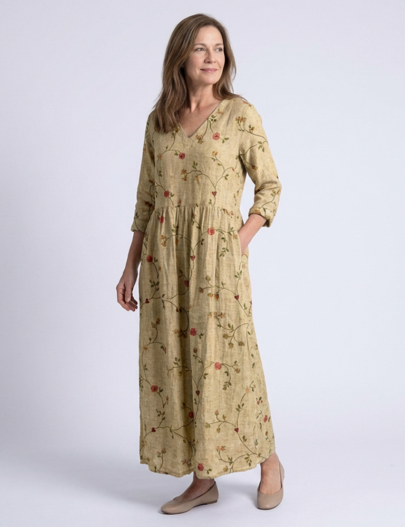 Valérie | Vestido maxi floral com decote em V e mangas três quartos