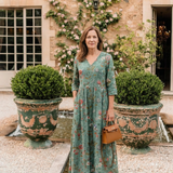 Valérie | Vestido maxi floral com decote em V e mangas três quartos