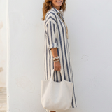 Sylvie | Vestido chemise midi riscas com mangas longas