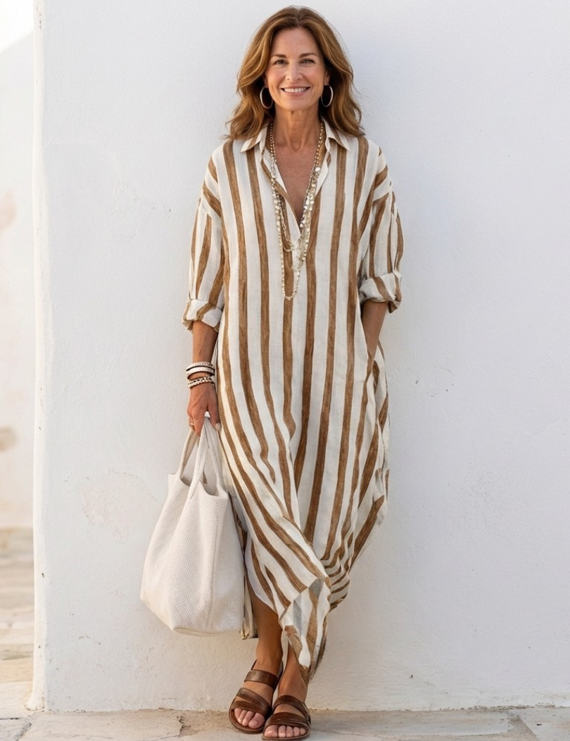 Sylvie | Vestido chemise midi riscas com mangas longas