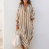 Sylvie | Vestido chemise midi riscas com mangas longas